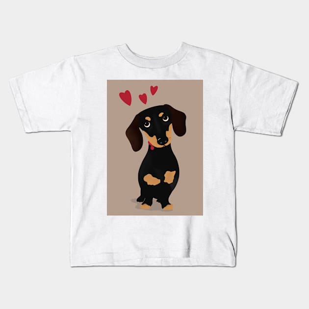 Cute Cartoon Dachshund with Three Red Hearts Kids T-Shirt by NattyDesigns